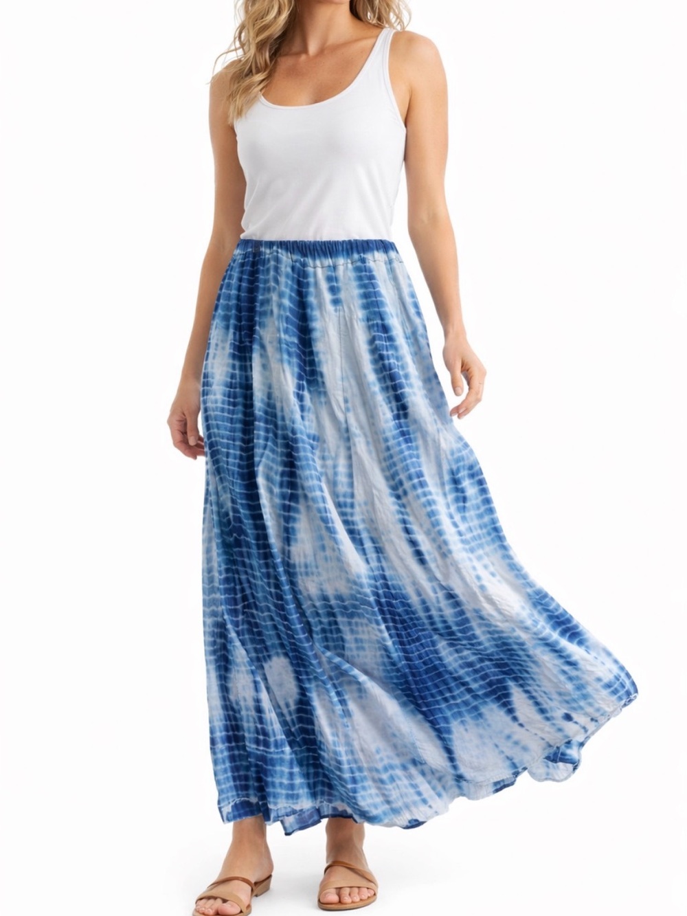 Blue Tie‑Dye Cotton Maxi Skirt  Coastal Beach Fully Lined Resort-wear Chico’s 1